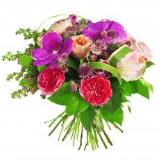 Букет из пионовидной амроматной розы, орхидеи и зелени